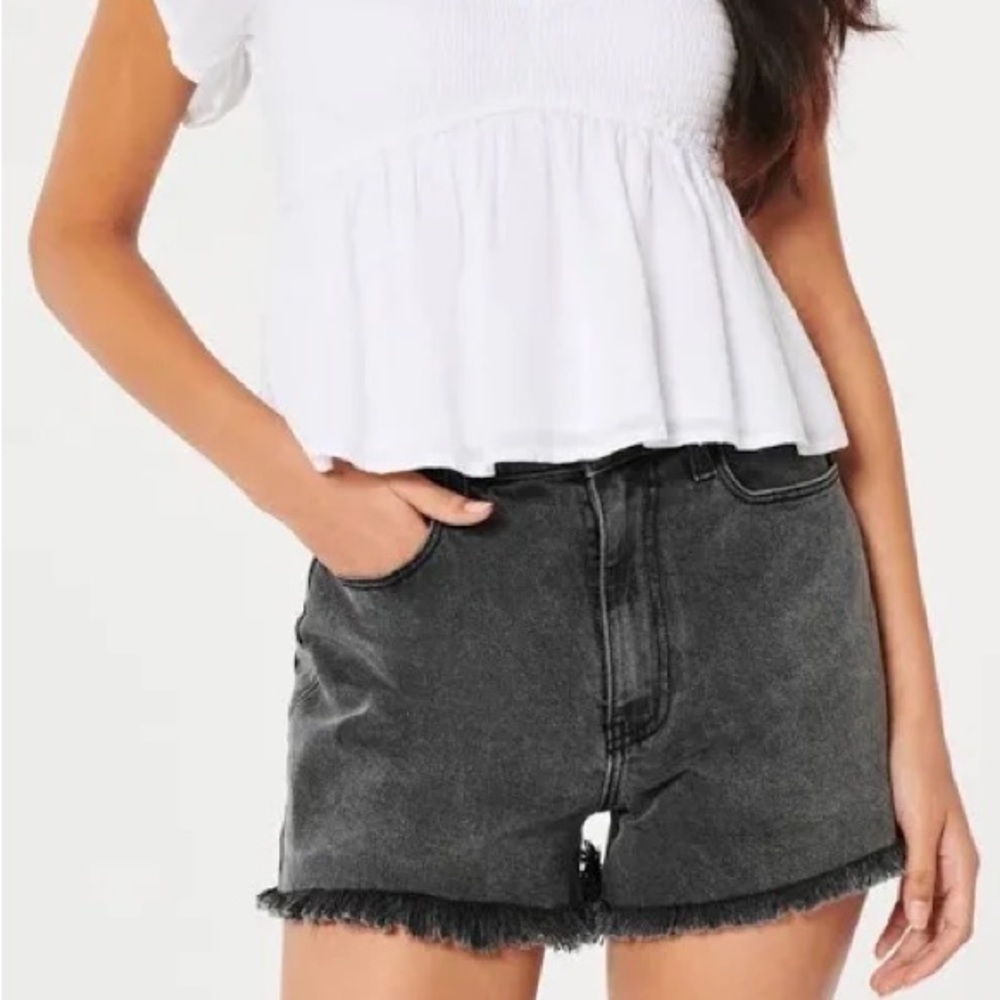 Hollister Black Jean Shorts High-Waisted Frayed Hem